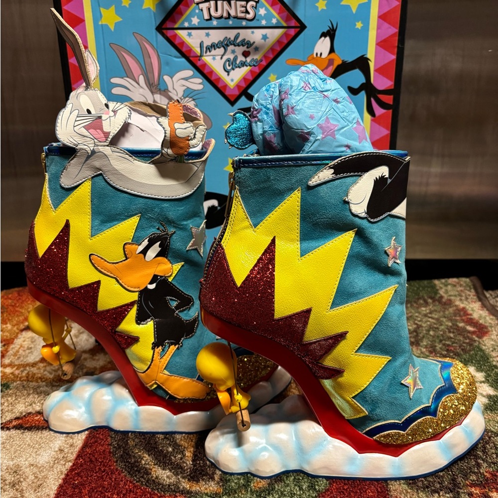 Irregular Choice Looney Tunes Blue and Yellow Ankle Boots - Picture 3 of 6